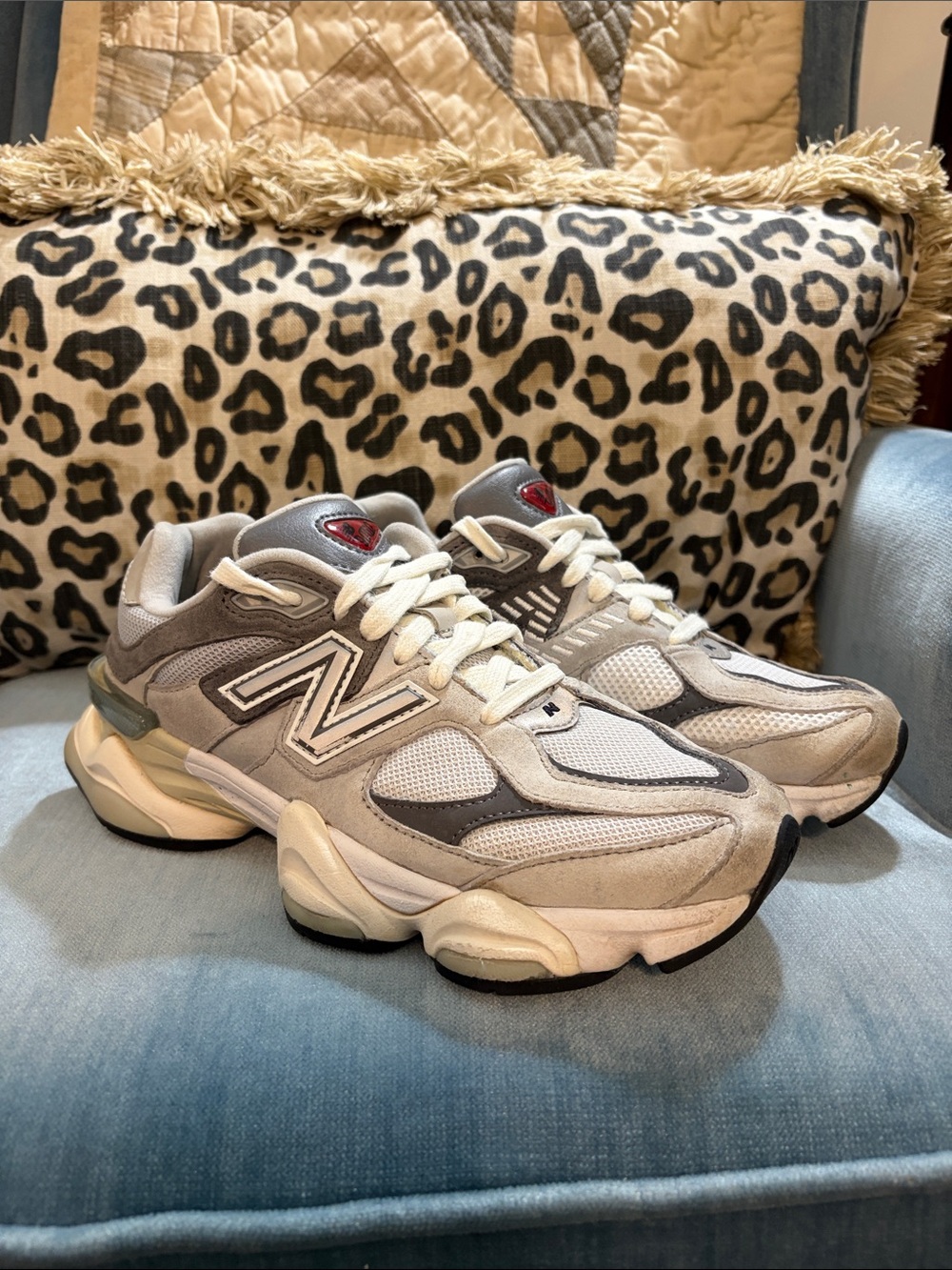 New Balance 9060 Women's Gray and White Chunky Running Sneakers